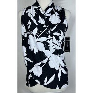 MSK Women's Size Small Sleeveless Blouse Black White Abstract Floral Print NWT
